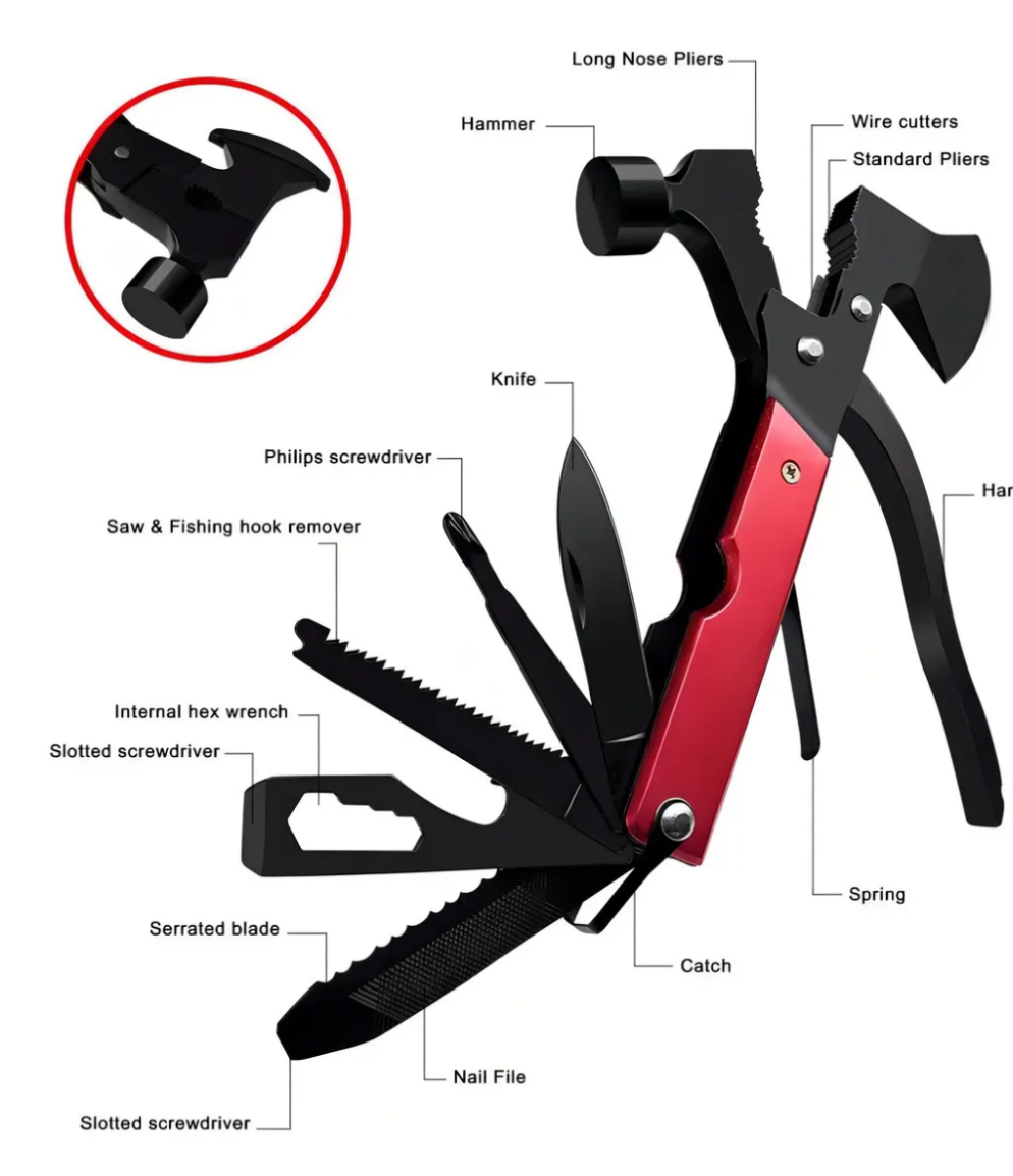 Multiherramienta Profesional de Camping y Aventura – Negro/Rojo